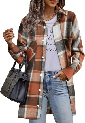 HOTOUCH Womens Flannel Jacket Long Plaid Shacket Casual Snap Button Tartan Trench Coat Long Sleeve Shirts with Pockets