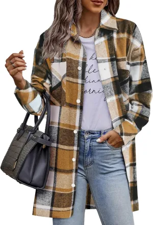 HOTOUCH Womens Flannel Jacket Long Plaid Shacket Casual Snap Button Tartan Trench Coat Long Sleeve Shirts with Pockets