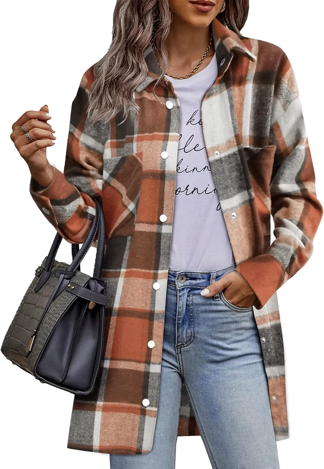 HOTOUCH Womens Flannel Jacket Long Plaid Shacket Casual Snap Button Tartan Trench Coat Long Sleeve Shirts with Pockets
