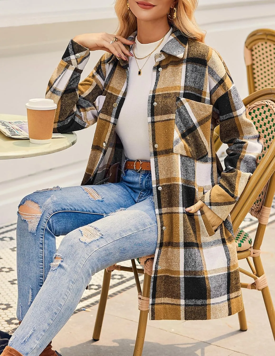 HOTOUCH Womens Flannel Jacket Long Plaid Shacket Casual Snap Button Tartan Trench Coat Long Sleeve Shirts with Pockets