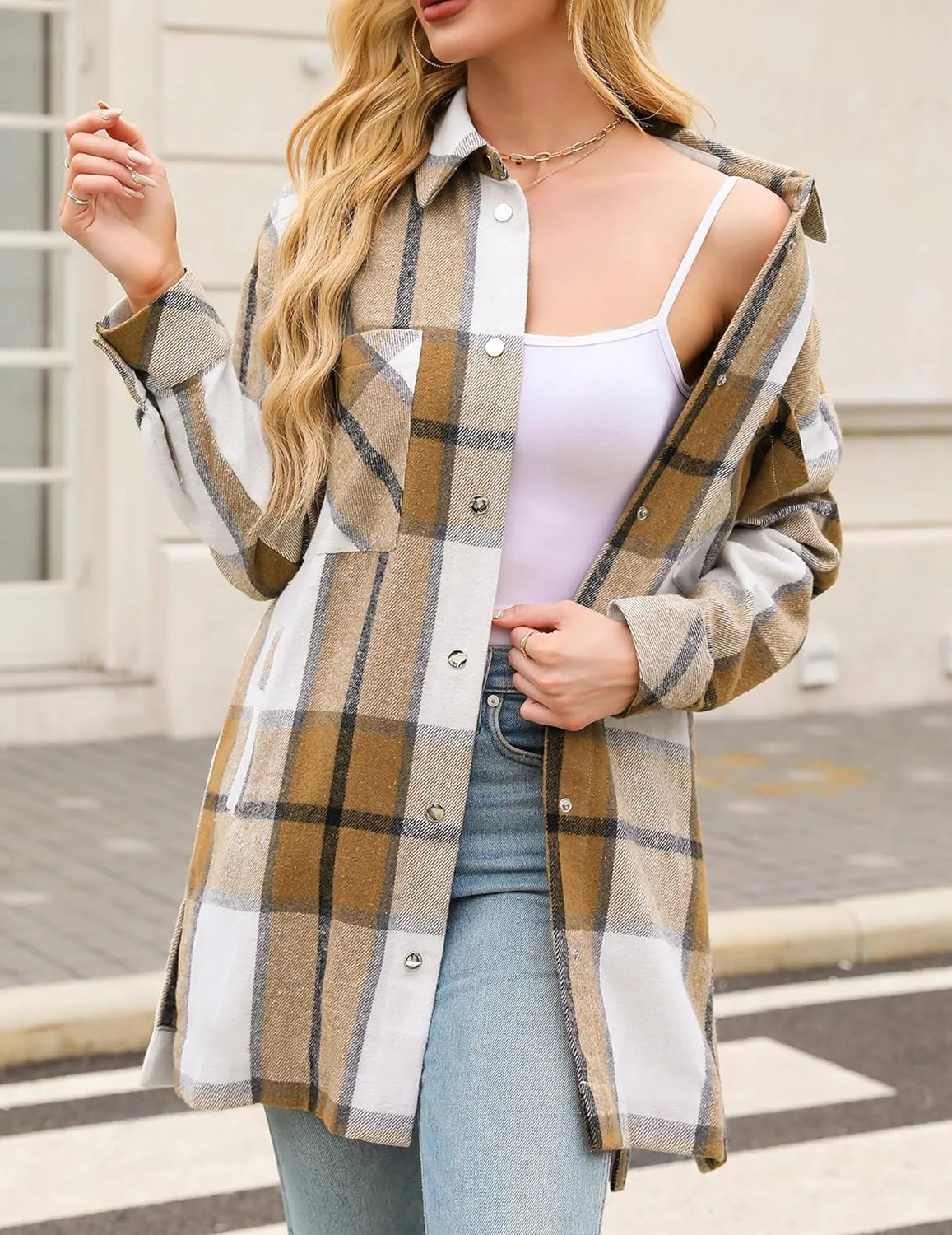 HOTOUCH Womens Flannel Jacket Long Plaid Shacket Casual Snap Button Tartan Trench Coat Long Sleeve Shirts with Pockets