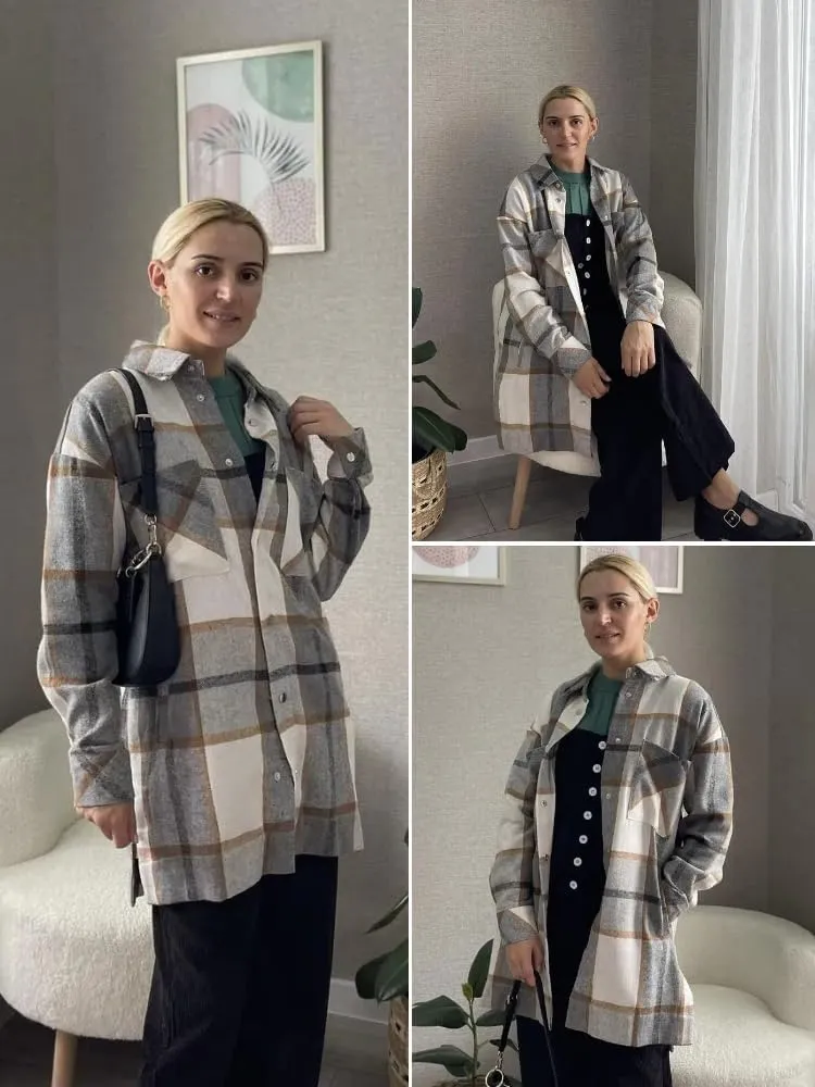 HOTOUCH Womens Flannel Jacket Long Plaid Shacket Casual Snap Button Tartan Trench Coat Long Sleeve Shirts with Pockets