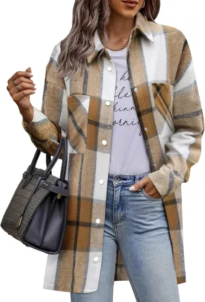 HOTOUCH Womens Flannel Jacket Long Plaid Shacket Casual Snap Button Tartan Trench Coat Long Sleeve Shirts with Pockets