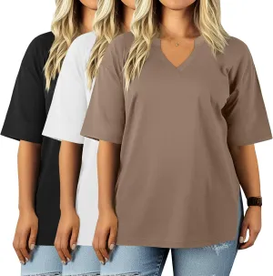 Huukeay 3 Pack Cotton Plus Size V Neck T Shirts for Women Short Sleeve Basic Oversized Tee Cute Side Split Casual Baggy Tops