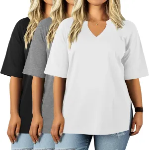 Huukeay 3 Pack Cotton Plus Size V Neck T Shirts for Women Short Sleeve Basic Oversized Tee Cute Side Split Casual Baggy Tops