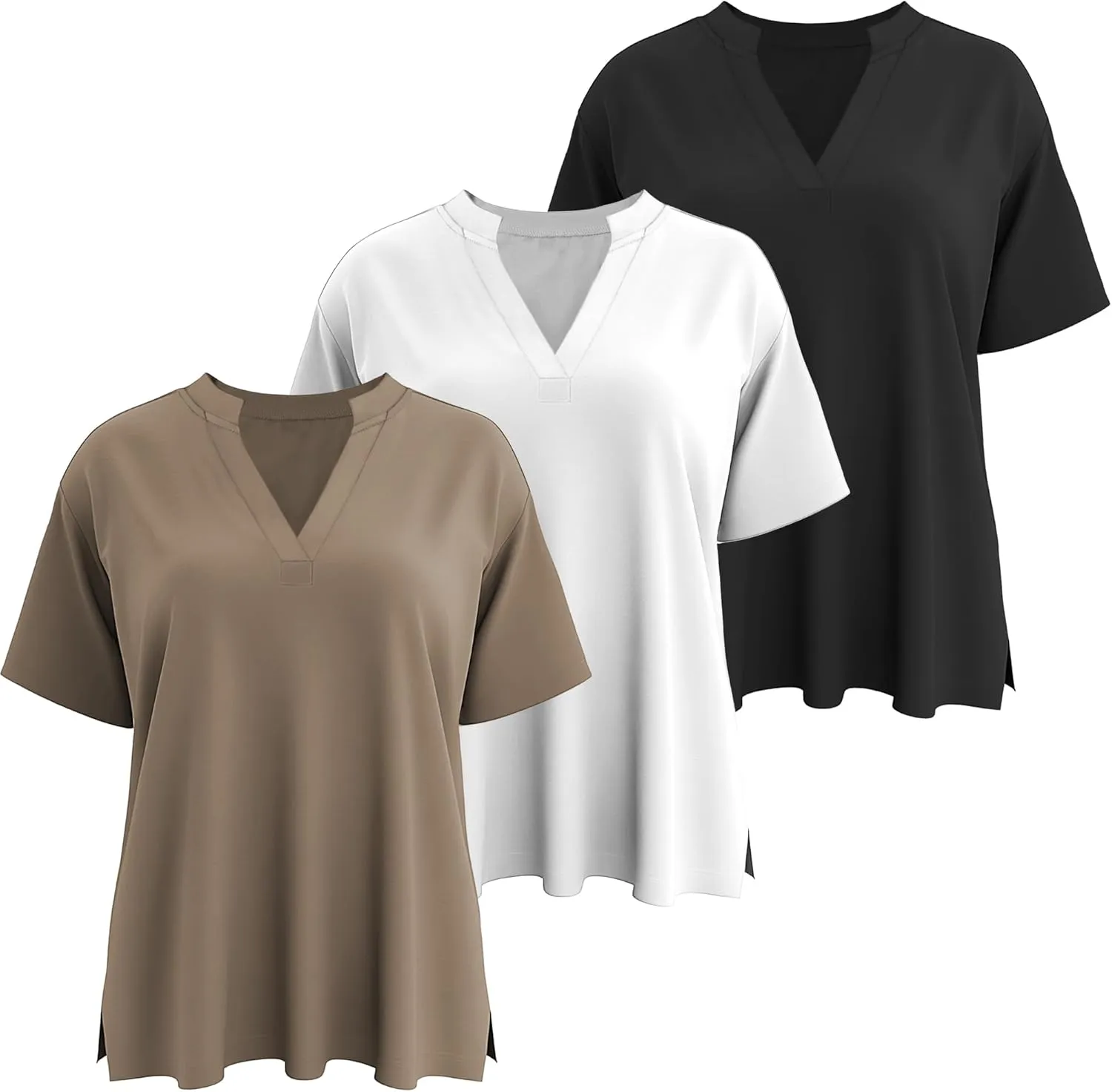 Huukeay 3 Pack Cotton Plus Size V Neck T Shirts for Women Short Sleeve Basic Oversized Tee Cute Side Split Casual Baggy Tops