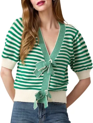 InterNos Womens Bow Front Short Sleeves Sweater Classic Striped V Neck Cropped Knit Pullover Tops