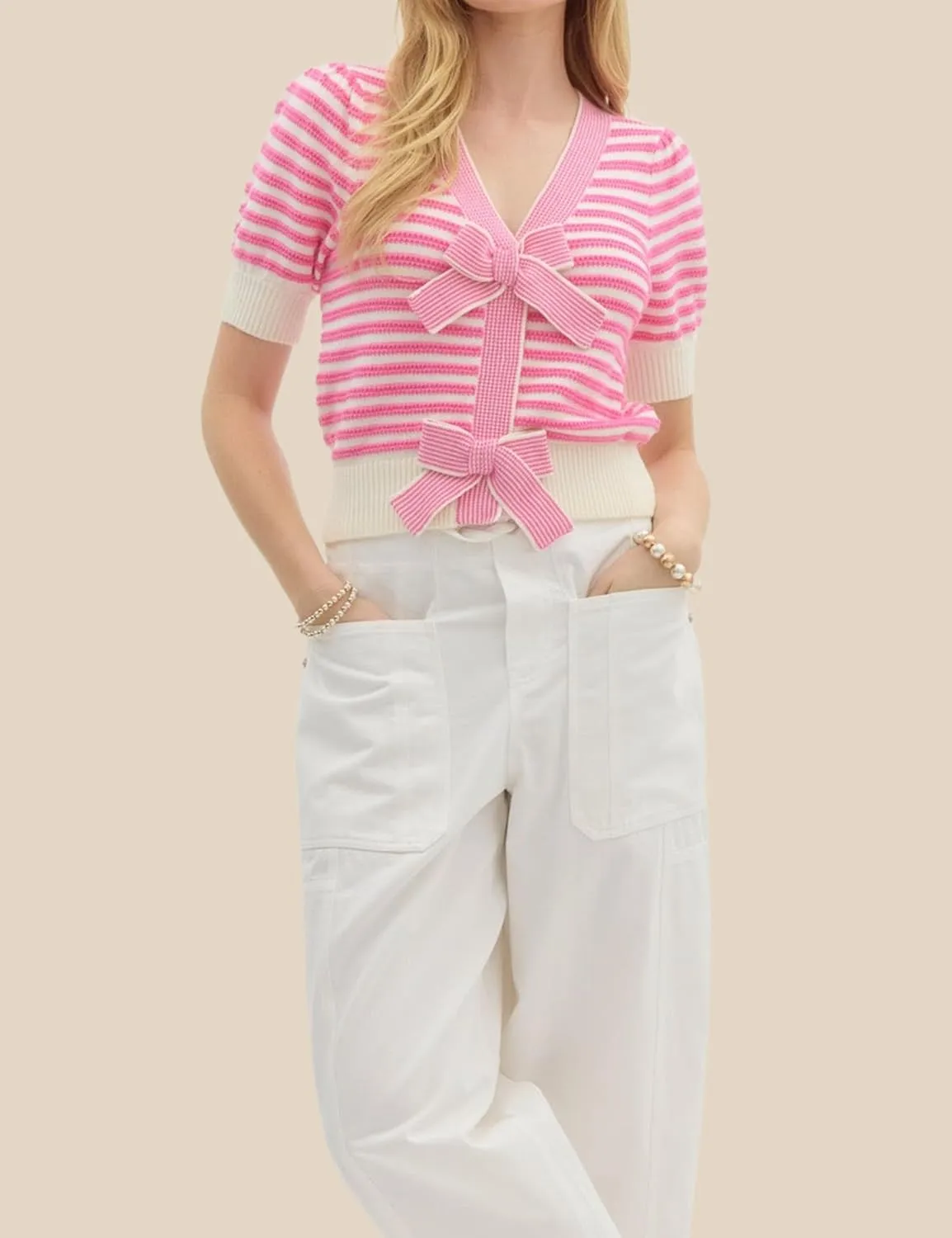 InterNos Womens Bow Front Short Sleeves Sweater Classic Striped V Neck Cropped Knit Pullover Tops