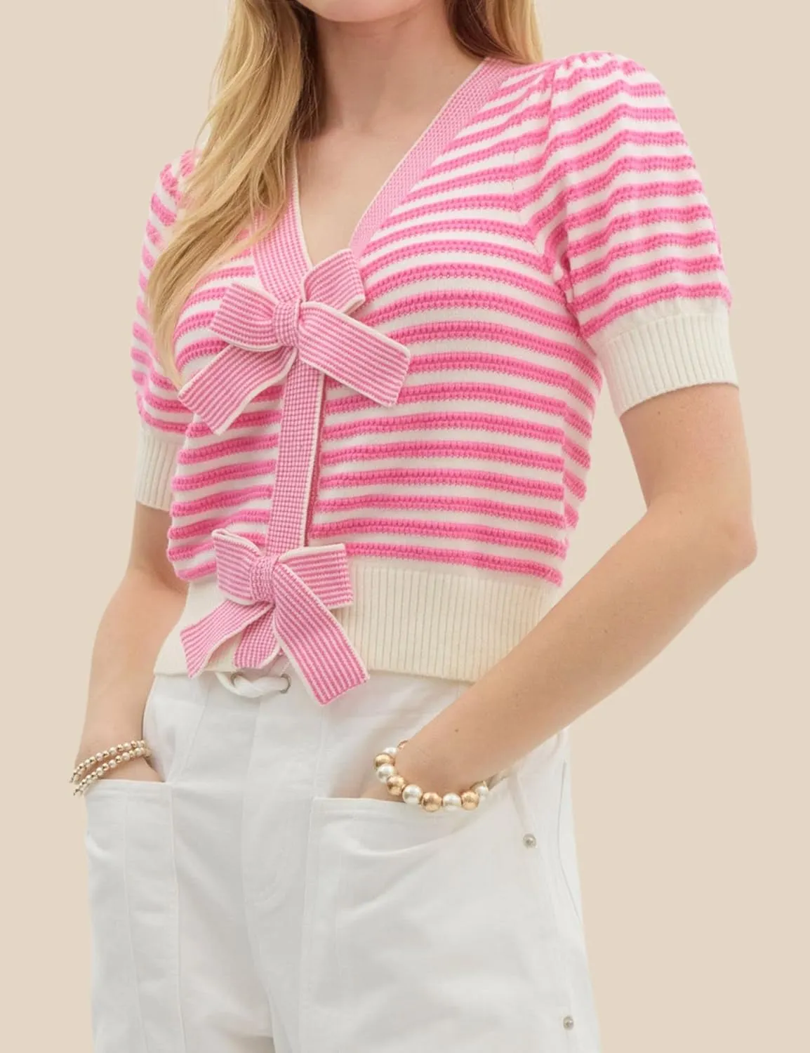 InterNos Womens Bow Front Short Sleeves Sweater Classic Striped V Neck Cropped Knit Pullover Tops