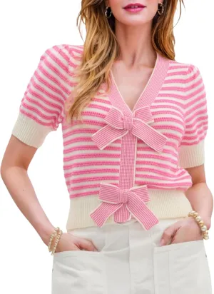 InterNos Womens Bow Front Short Sleeves Sweater Classic Striped V Neck Cropped Knit Pullover Tops