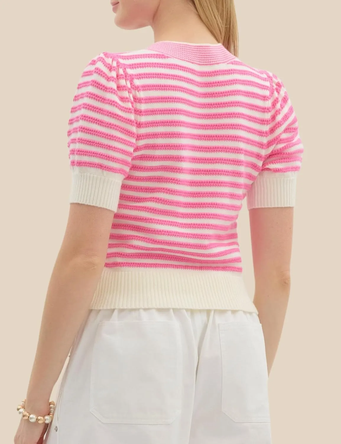 InterNos Womens Bow Front Short Sleeves Sweater Classic Striped V Neck Cropped Knit Pullover Tops