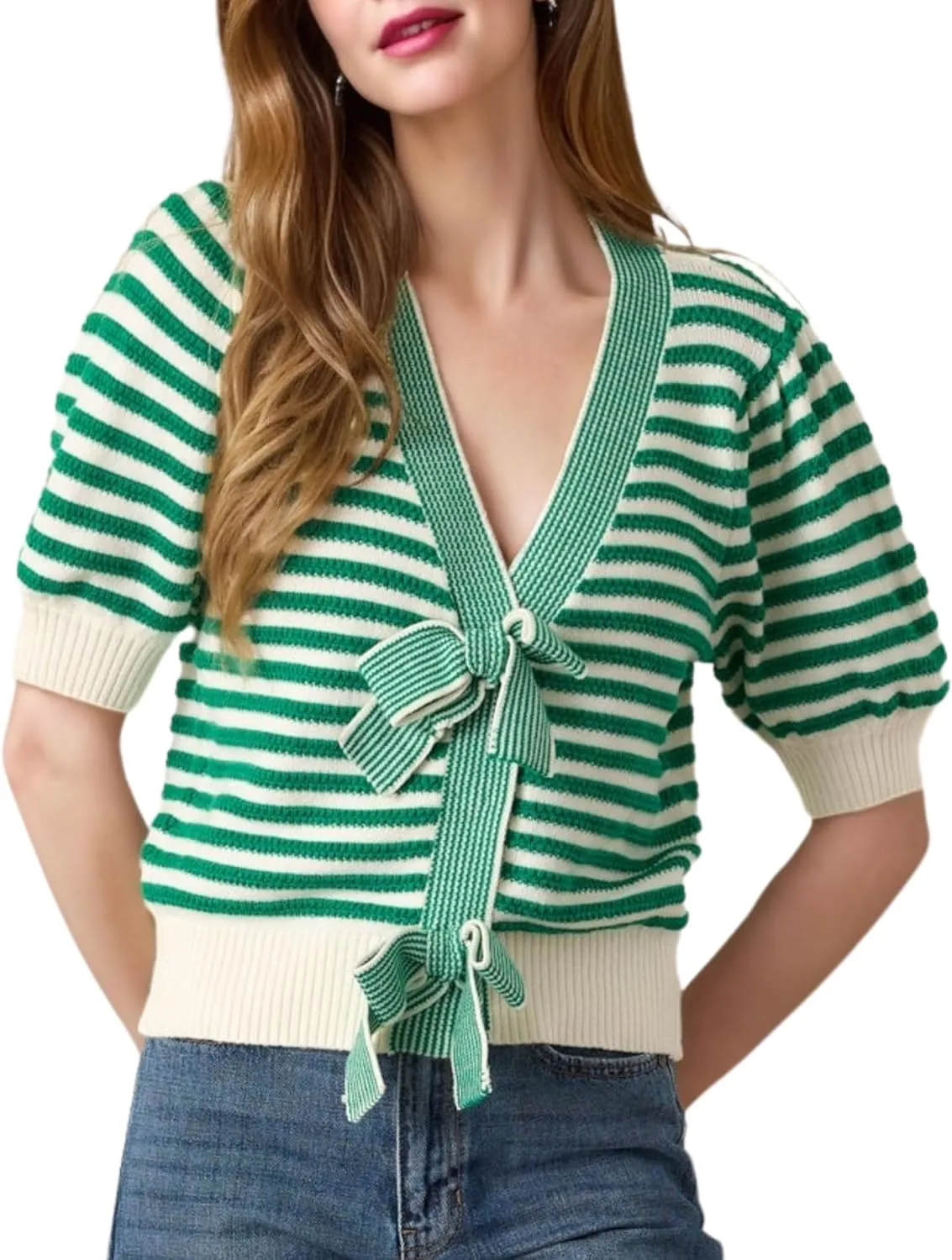 InterNos Womens Bow Front Short Sleeves Sweater Classic Striped V Neck Cropped Knit Pullover Tops