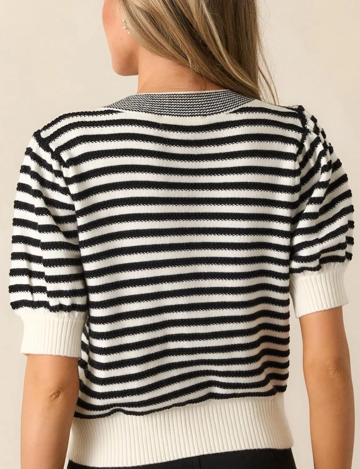InterNos Womens Bow Front Short Sleeves Sweater Classic Striped V Neck Cropped Knit Pullover Tops