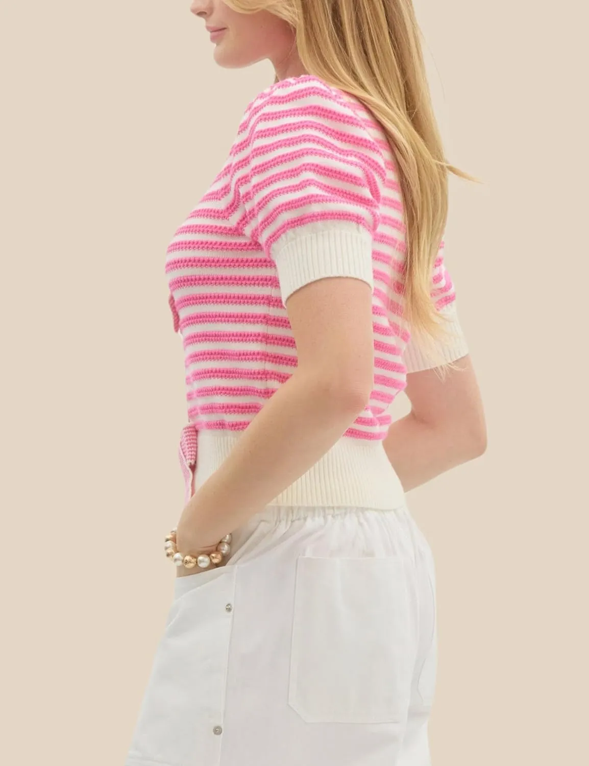InterNos Womens Bow Front Short Sleeves Sweater Classic Striped V Neck Cropped Knit Pullover Tops