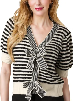 InterNos Womens Bow Front Short Sleeves Sweater Classic Striped V Neck Cropped Knit Pullover Tops
