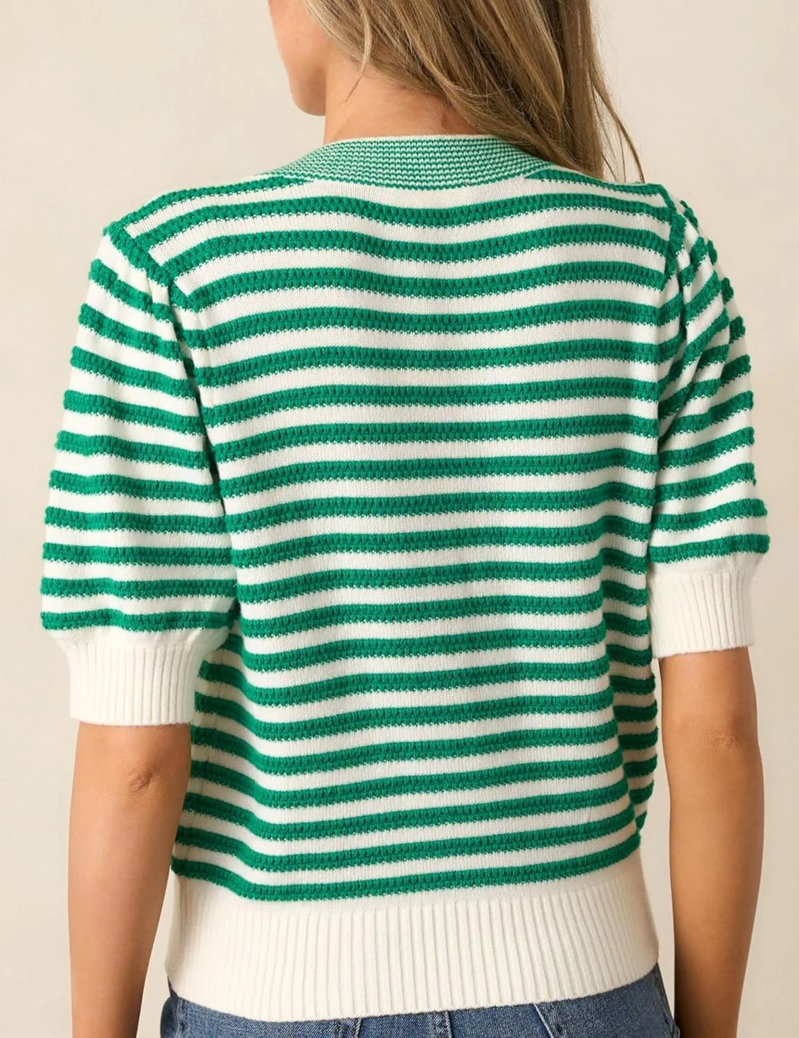InterNos Womens Bow Front Short Sleeves Sweater Classic Striped V Neck Cropped Knit Pullover Tops