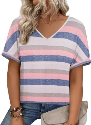 IN'VOLAND Women's Plus Size Tops Short Sleeve Tee Shirt V Neck Loose Fit Striped Shirt Summer Casual Blouses