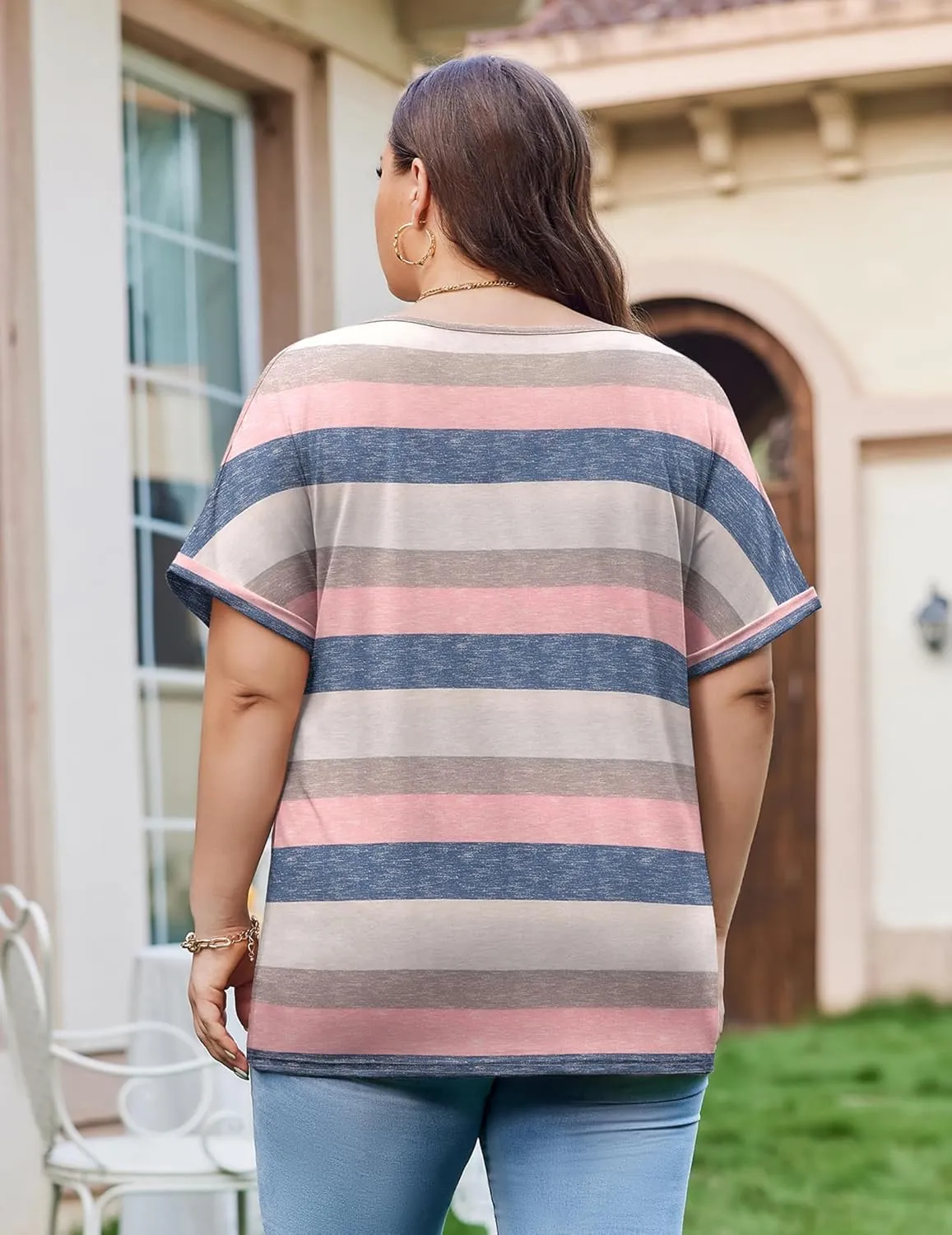 IN'VOLAND Women's Plus Size Tops Short Sleeve Tee Shirt V Neck Loose Fit Striped Shirt Summer Casual Blouses