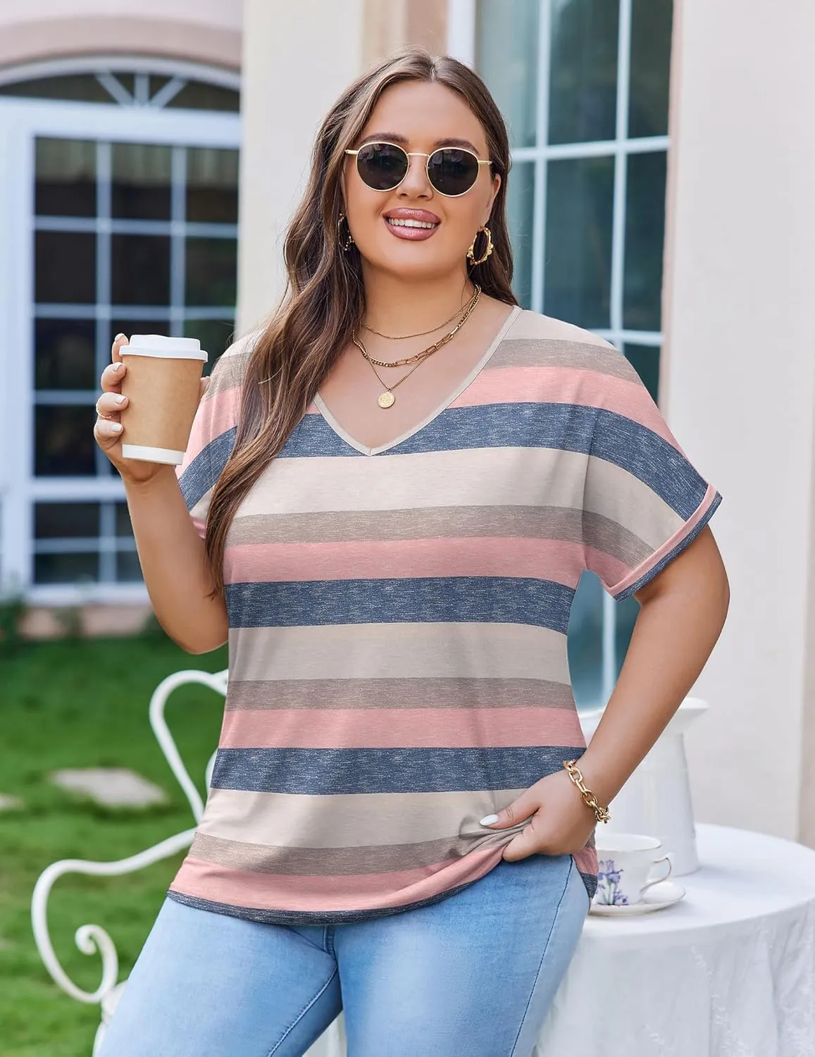 IN'VOLAND Women's Plus Size Tops Short Sleeve Tee Shirt V Neck Loose Fit Striped Shirt Summer Casual Blouses