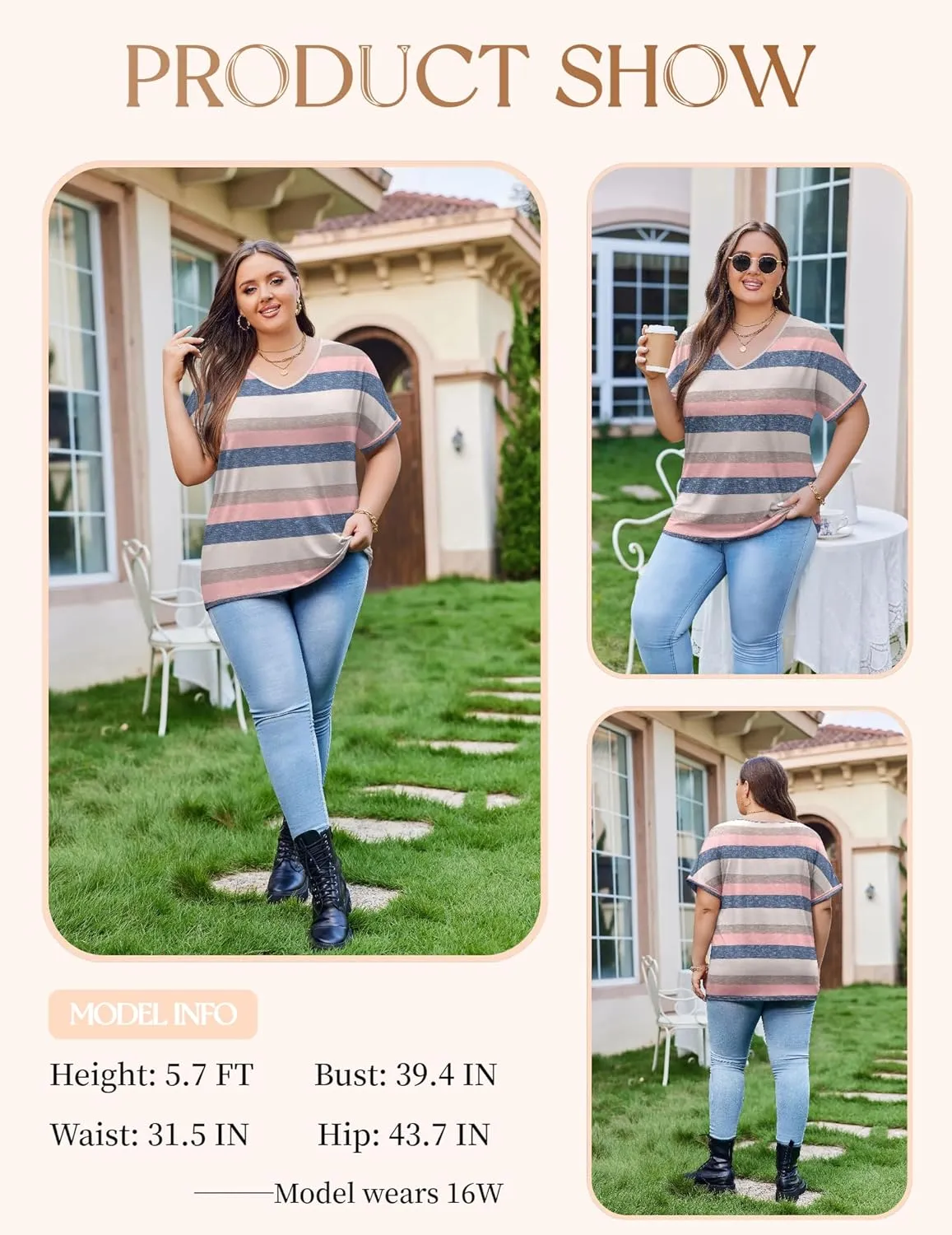 IN'VOLAND Women's Plus Size Tops Short Sleeve Tee Shirt V Neck Loose Fit Striped Shirt Summer Casual Blouses