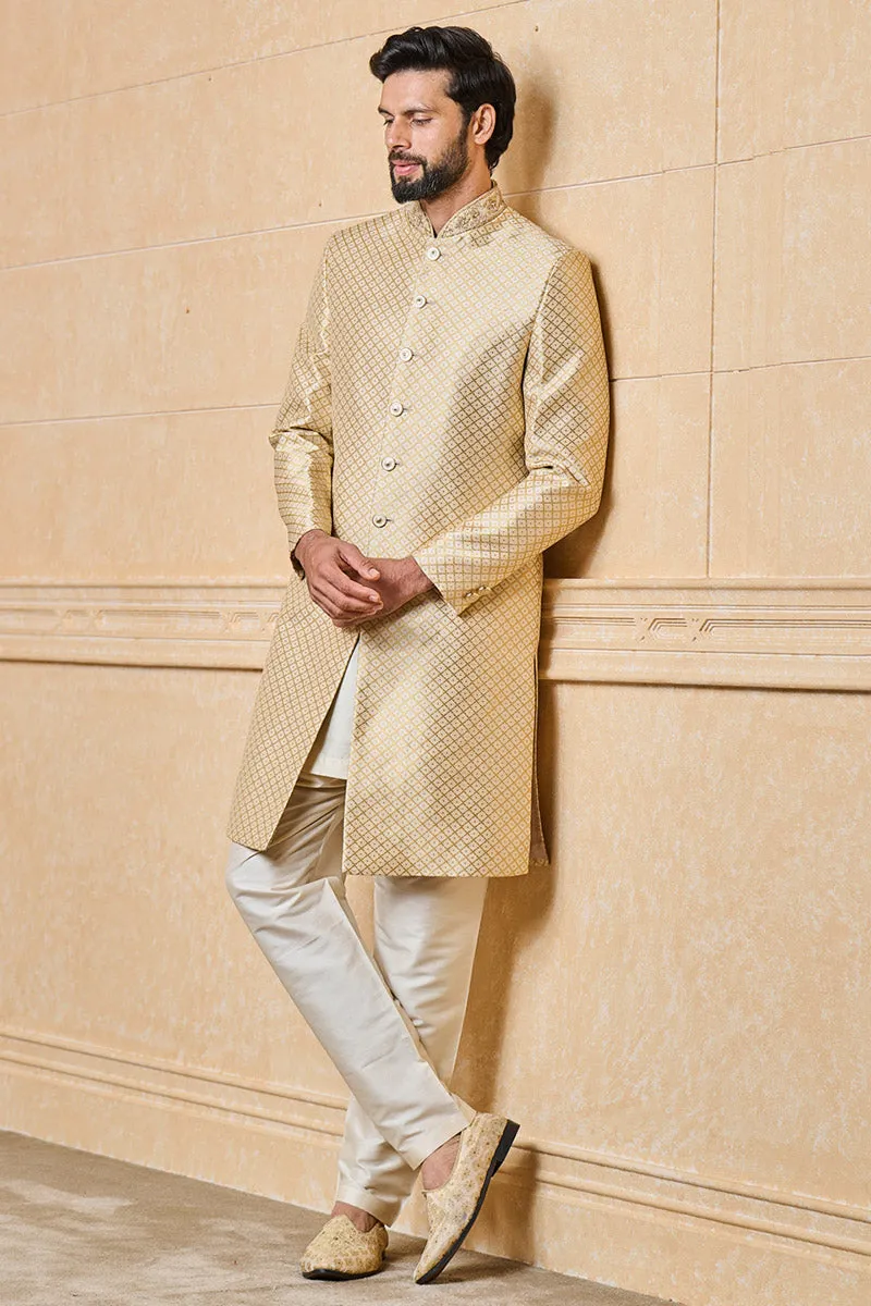 Ivory Brocade Sherwani With Embroidered Collar