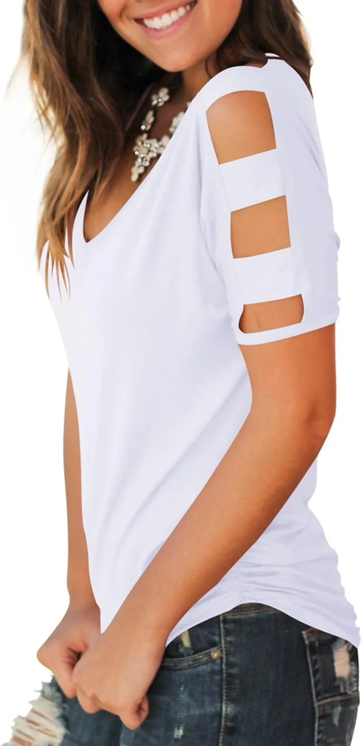Jescakoo Women's Short Sleeve Cut Out Cold Shoulder Tops Deep V Neck T Shirts
