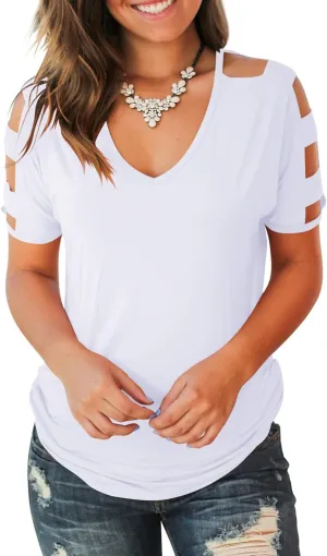 Jescakoo Women's Short Sleeve Cut Out Cold Shoulder Tops Deep V Neck T Shirts