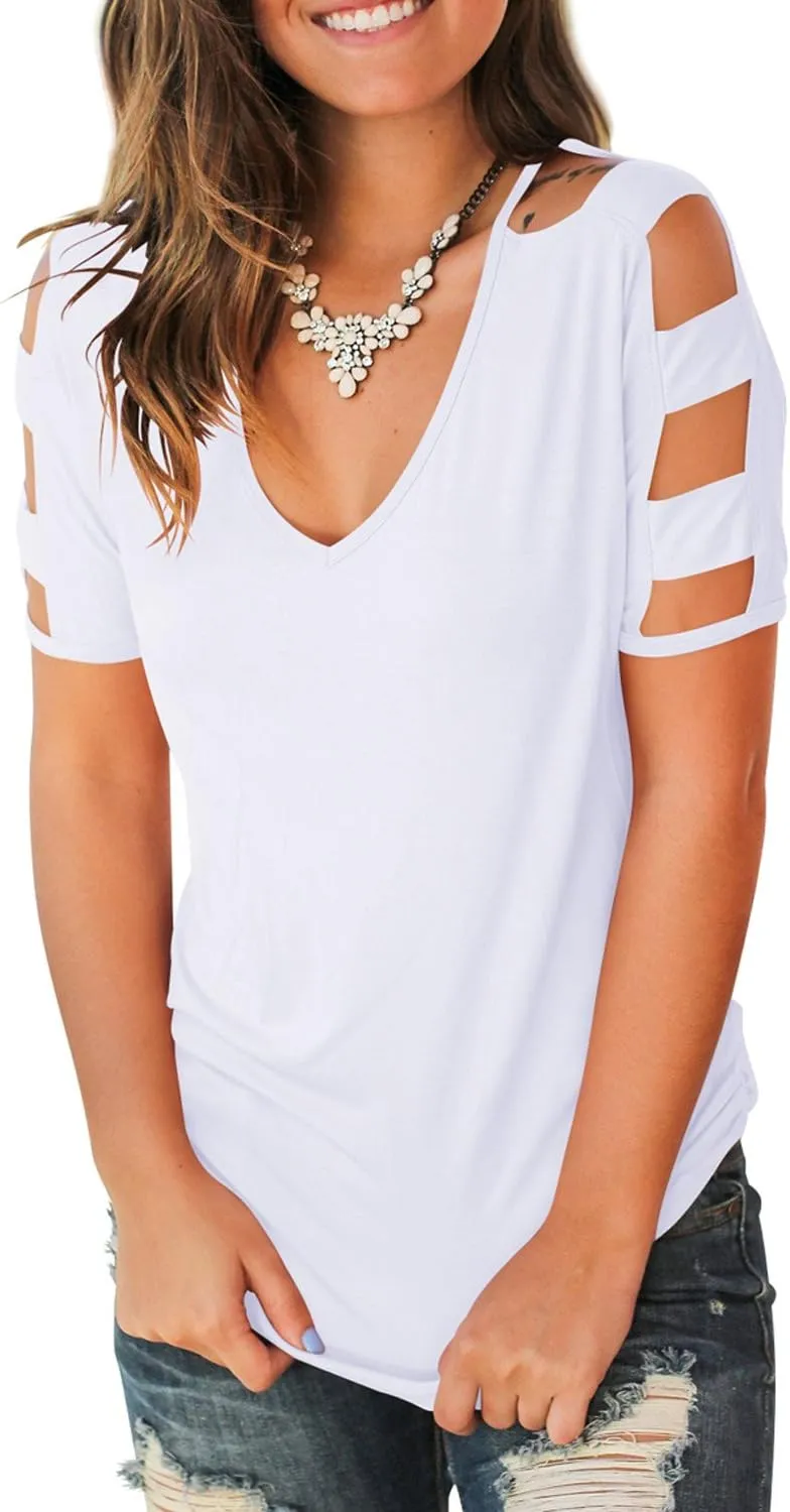 Jescakoo Women's Short Sleeve Cut Out Cold Shoulder Tops Deep V Neck T Shirts