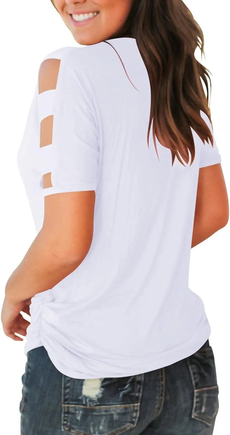 Jescakoo Women's Short Sleeve Cut Out Cold Shoulder Tops Deep V Neck T Shirts