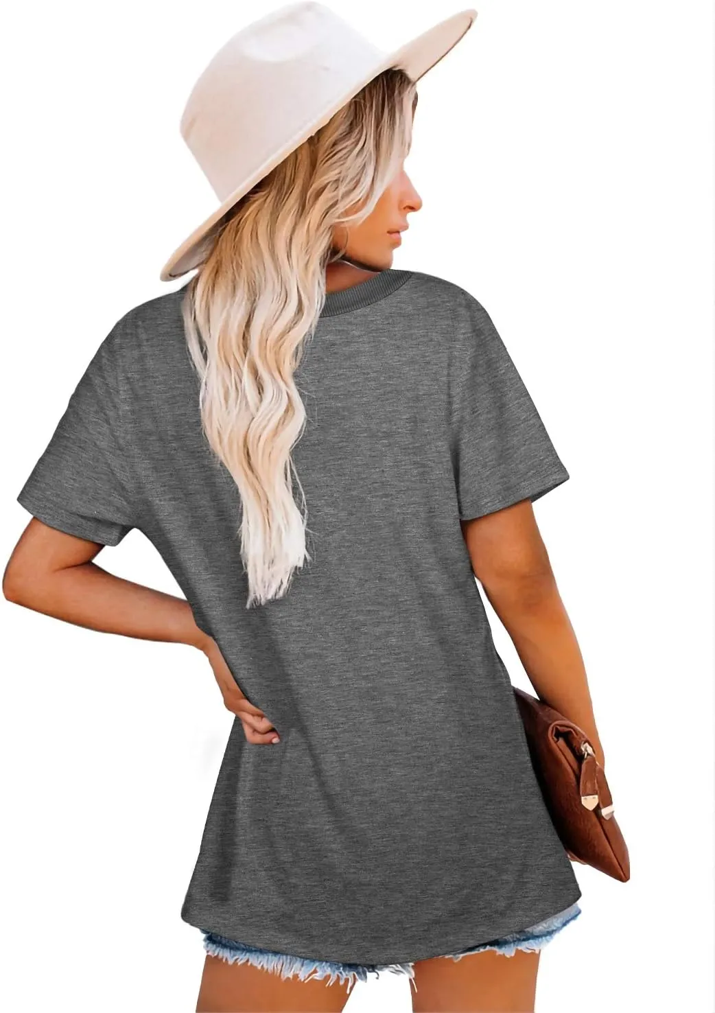 Jescakoo Womens Tops Summer Short Sleeve Ribbed Trim Crewneck T Shirts Fashion Basic Tee