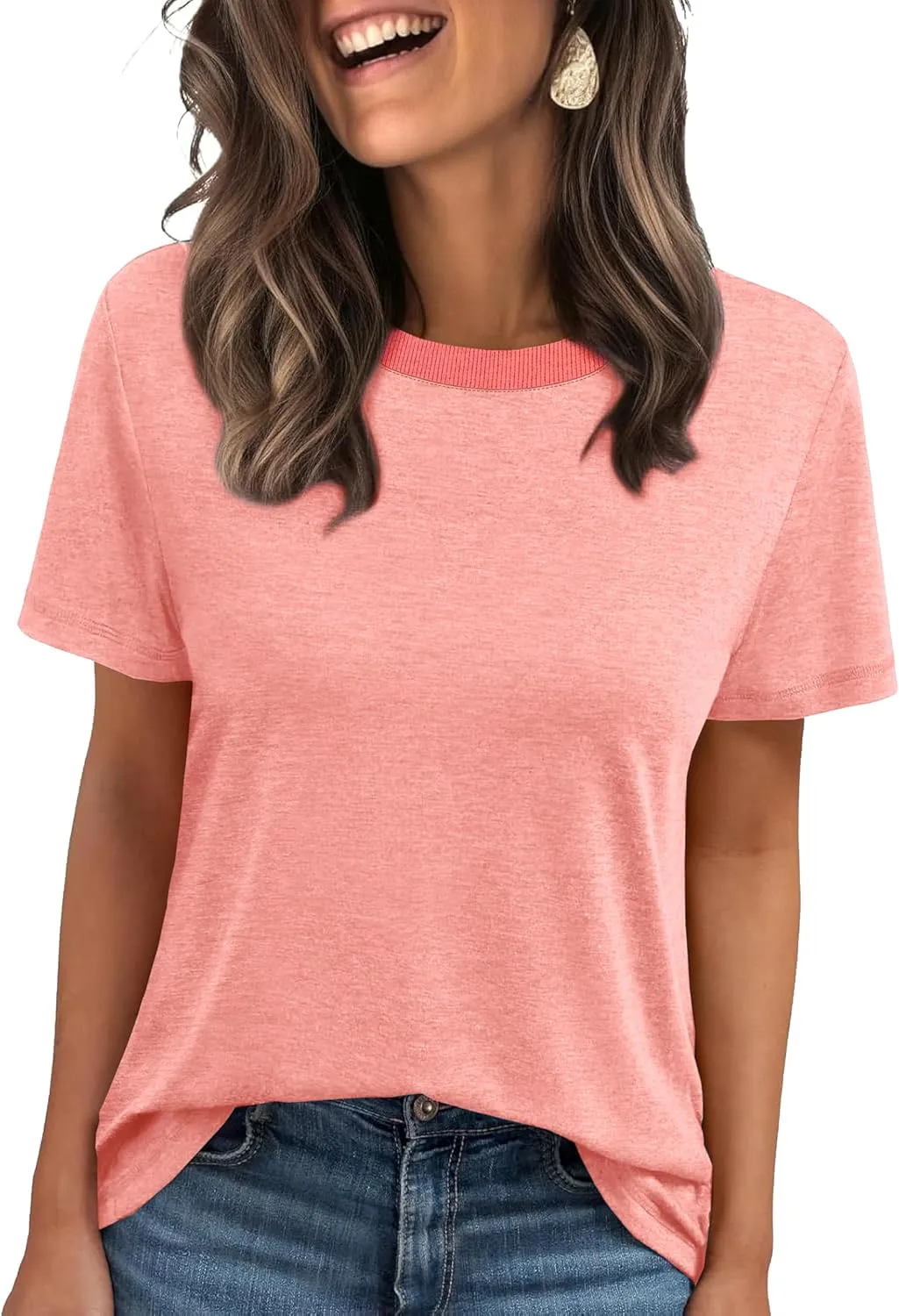 Jescakoo Womens Tops Summer Short Sleeve Ribbed Trim Crewneck T Shirts Fashion Basic Tee