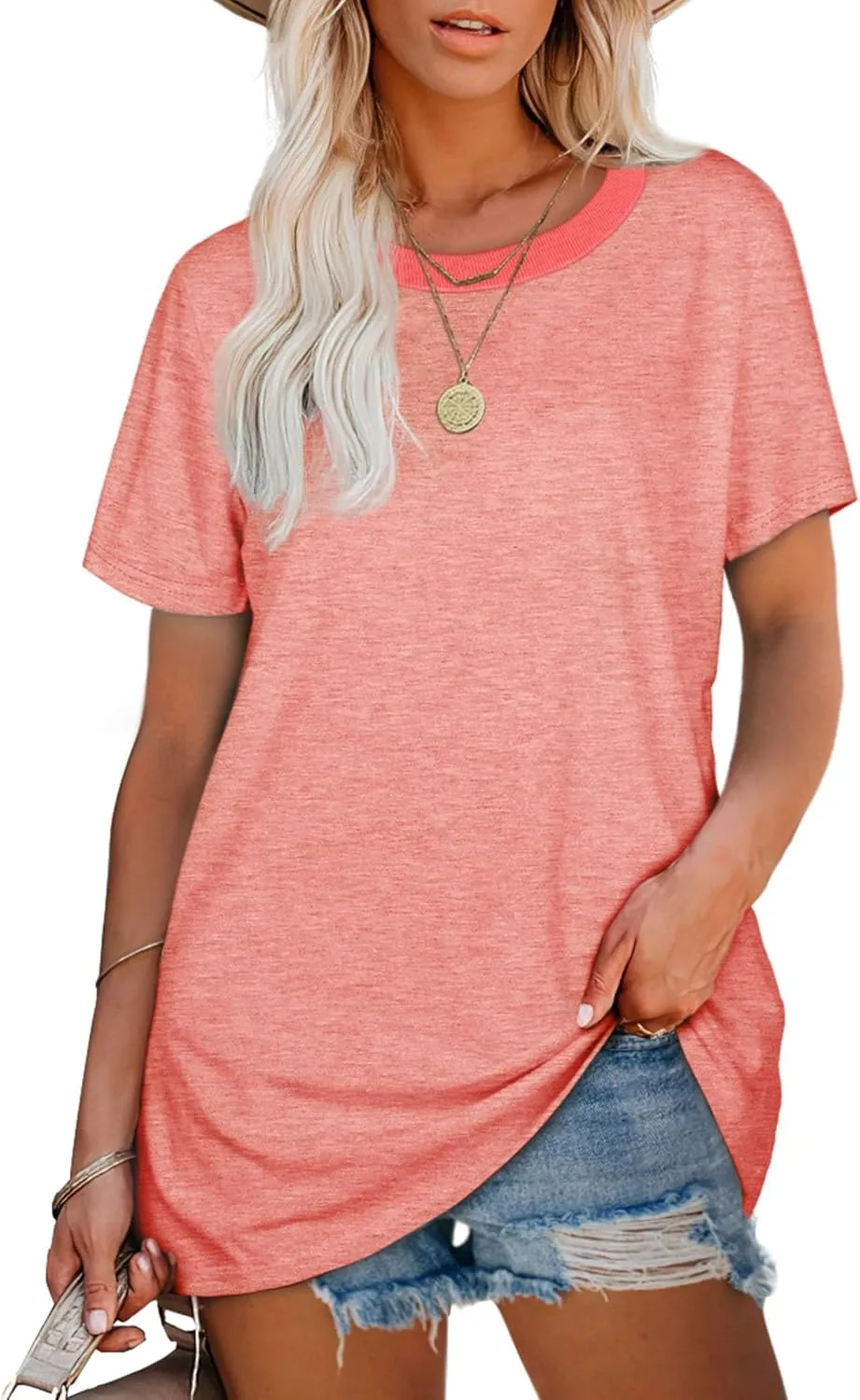 Jescakoo Womens Tops Summer Short Sleeve Ribbed Trim Crewneck T Shirts Fashion Basic Tee