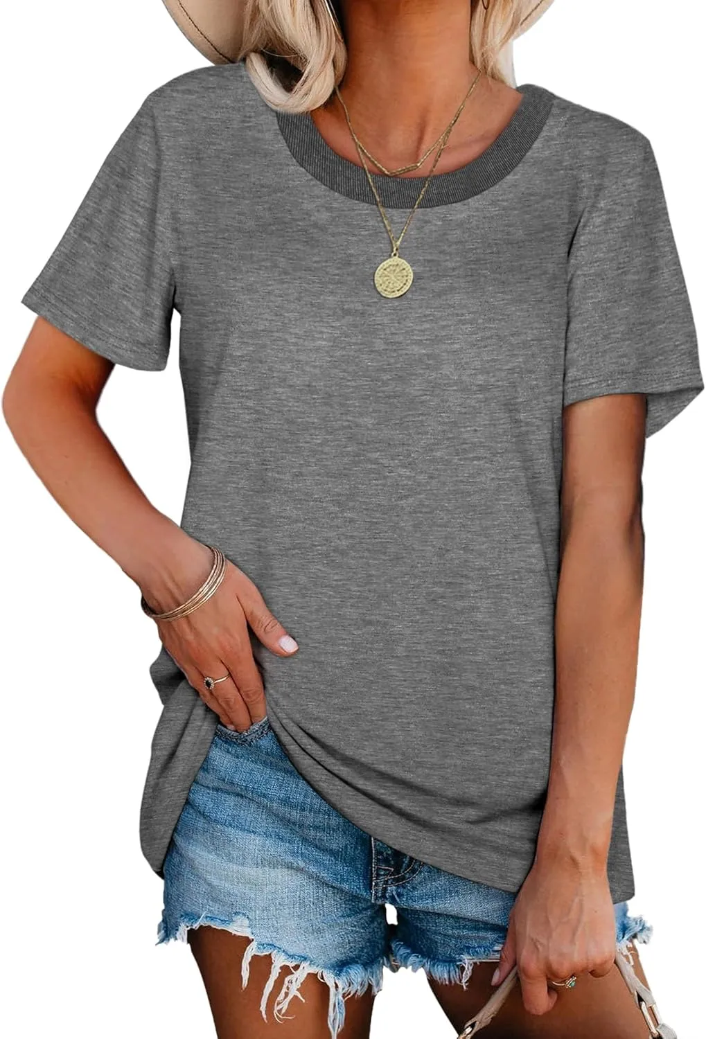 Jescakoo Womens Tops Summer Short Sleeve Ribbed Trim Crewneck T Shirts Fashion Basic Tee