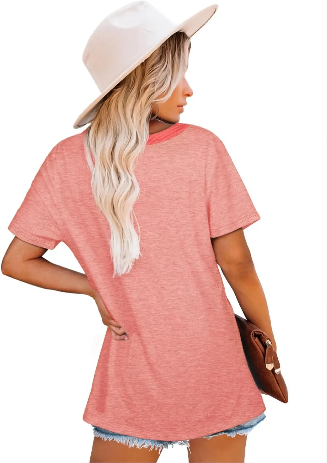Jescakoo Womens Tops Summer Short Sleeve Ribbed Trim Crewneck T Shirts Fashion Basic Tee