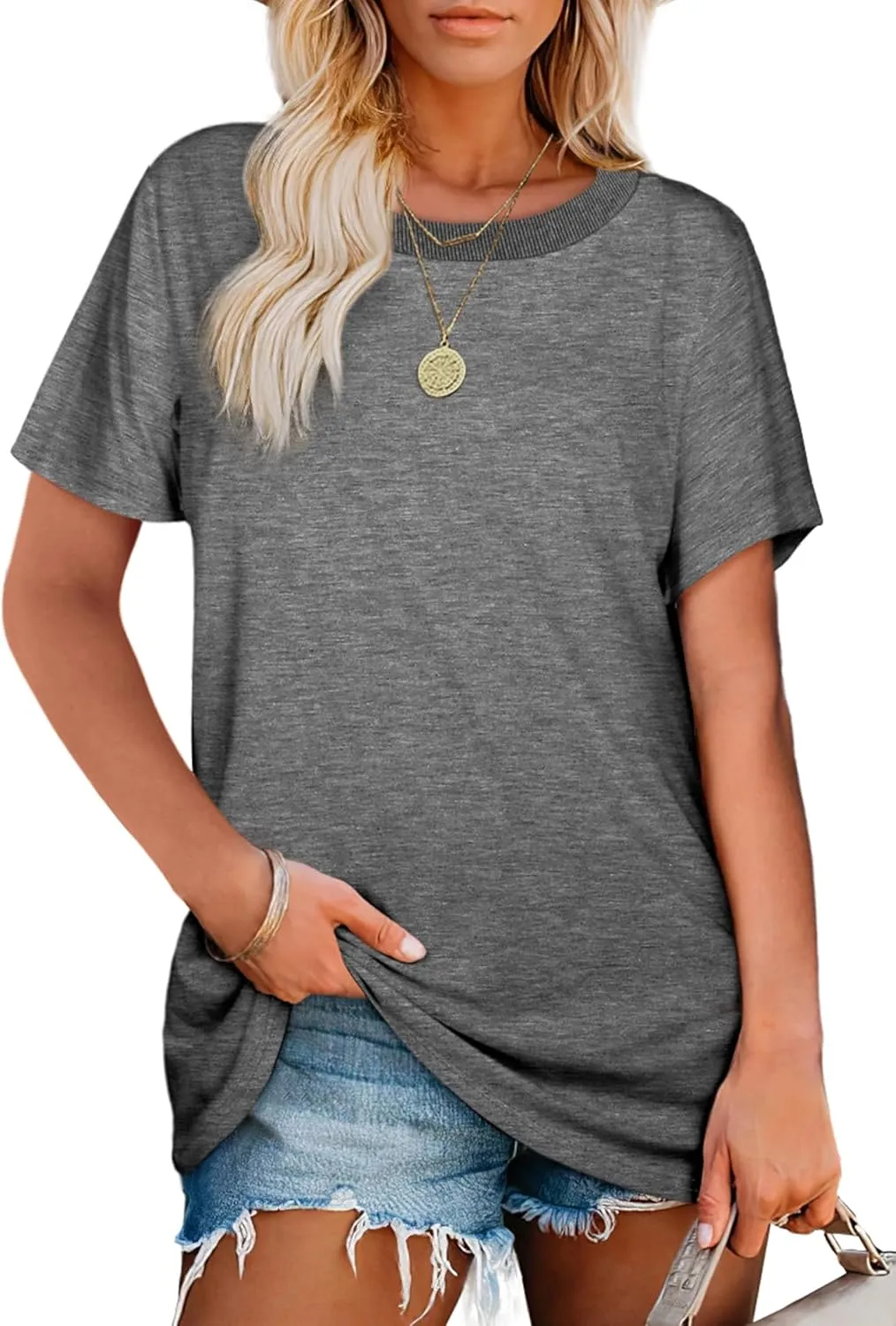 Jescakoo Womens Tops Summer Short Sleeve Ribbed Trim Crewneck T Shirts Fashion Basic Tee