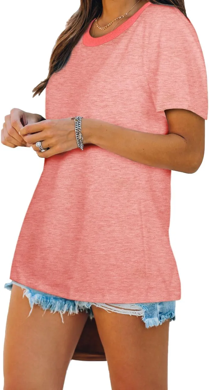 Jescakoo Womens Tops Summer Short Sleeve Ribbed Trim Crewneck T Shirts Fashion Basic Tee