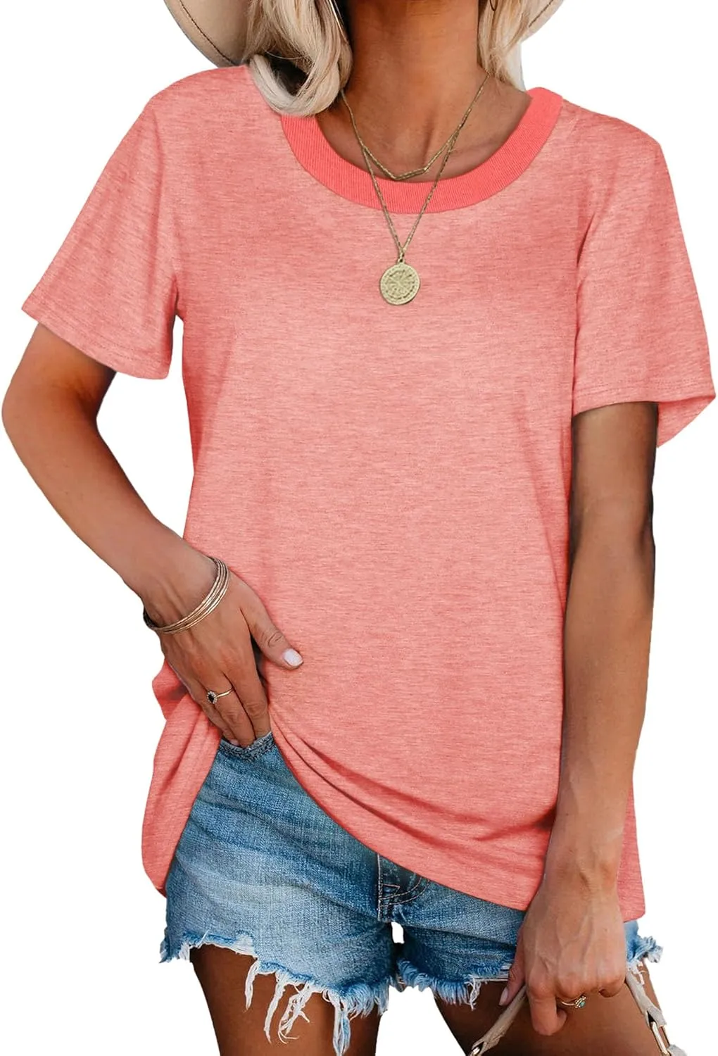 Jescakoo Womens Tops Summer Short Sleeve Ribbed Trim Crewneck T Shirts Fashion Basic Tee