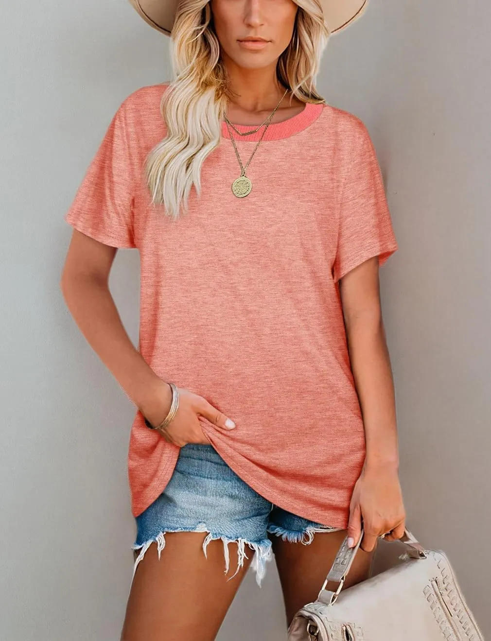 Jescakoo Womens Tops Summer Short Sleeve Ribbed Trim Crewneck T Shirts Fashion Basic Tee