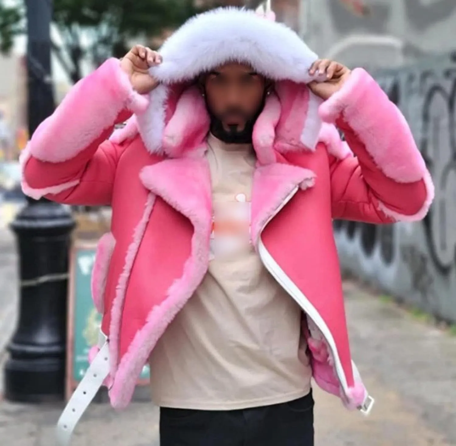 JEsilunmaMY Men's Fur Hoodie Sherpa Leather Jacket Fleece Lined Belt Warm Winter Coat Heavyweight Thicken Motorcycle Outwear
