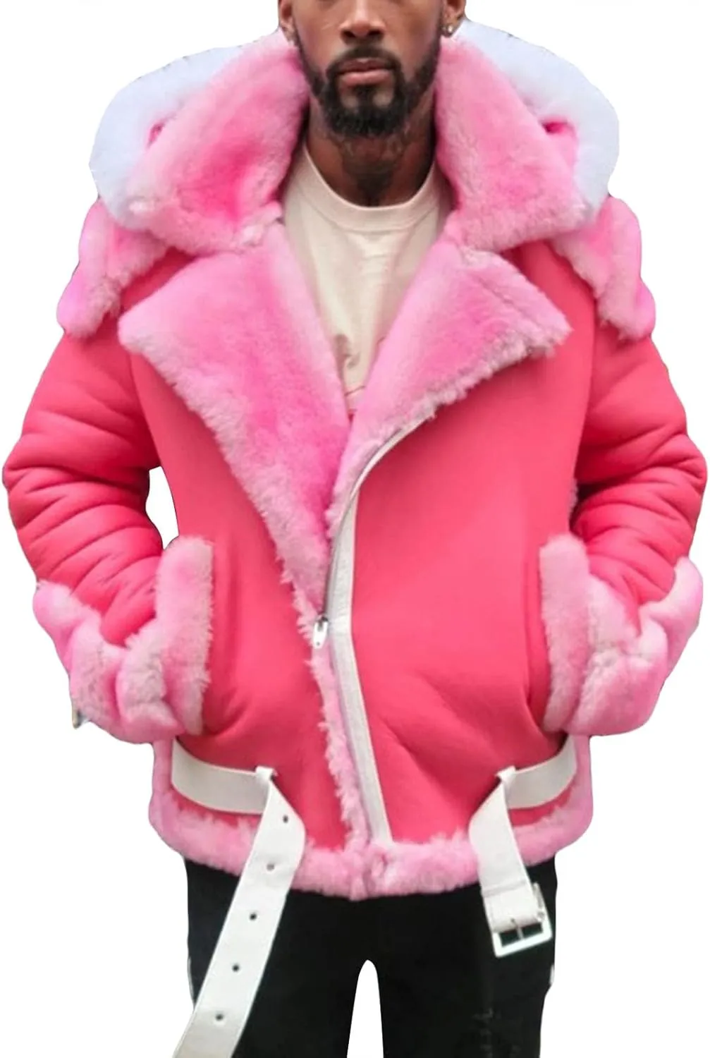 JEsilunmaMY Men's Fur Hoodie Sherpa Leather Jacket Fleece Lined Belt Warm Winter Coat Heavyweight Thicken Motorcycle Outwear