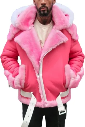 JEsilunmaMY Men's Fur Hoodie Sherpa Leather Jacket Fleece Lined Belt Warm Winter Coat Heavyweight Thicken Motorcycle Outwear