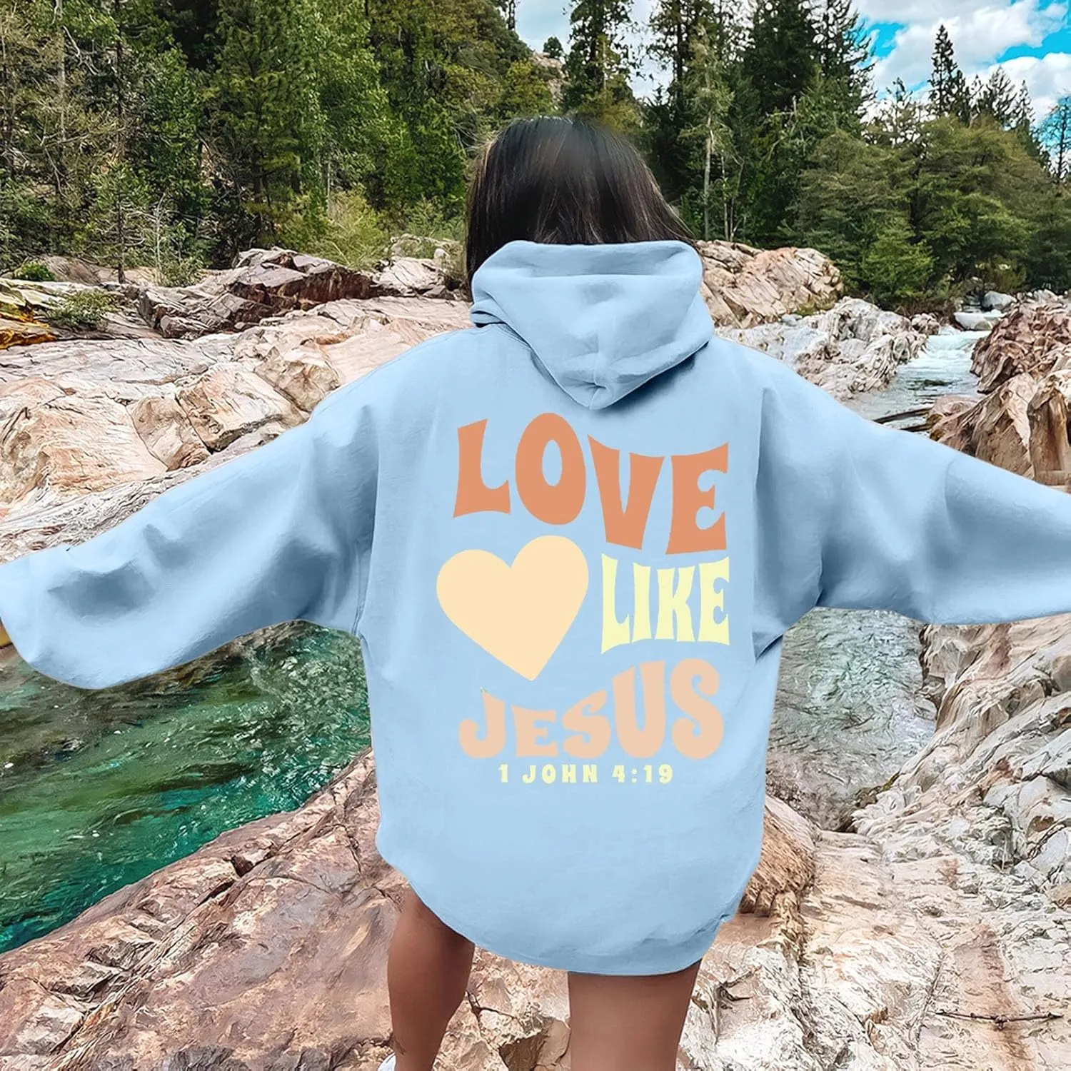 Jesus Loves You Sweatshirt for Women Casual Trendy Loose Fit Oversized Christian Sweatshirts Drawstring Pullover Y2k Hoodie