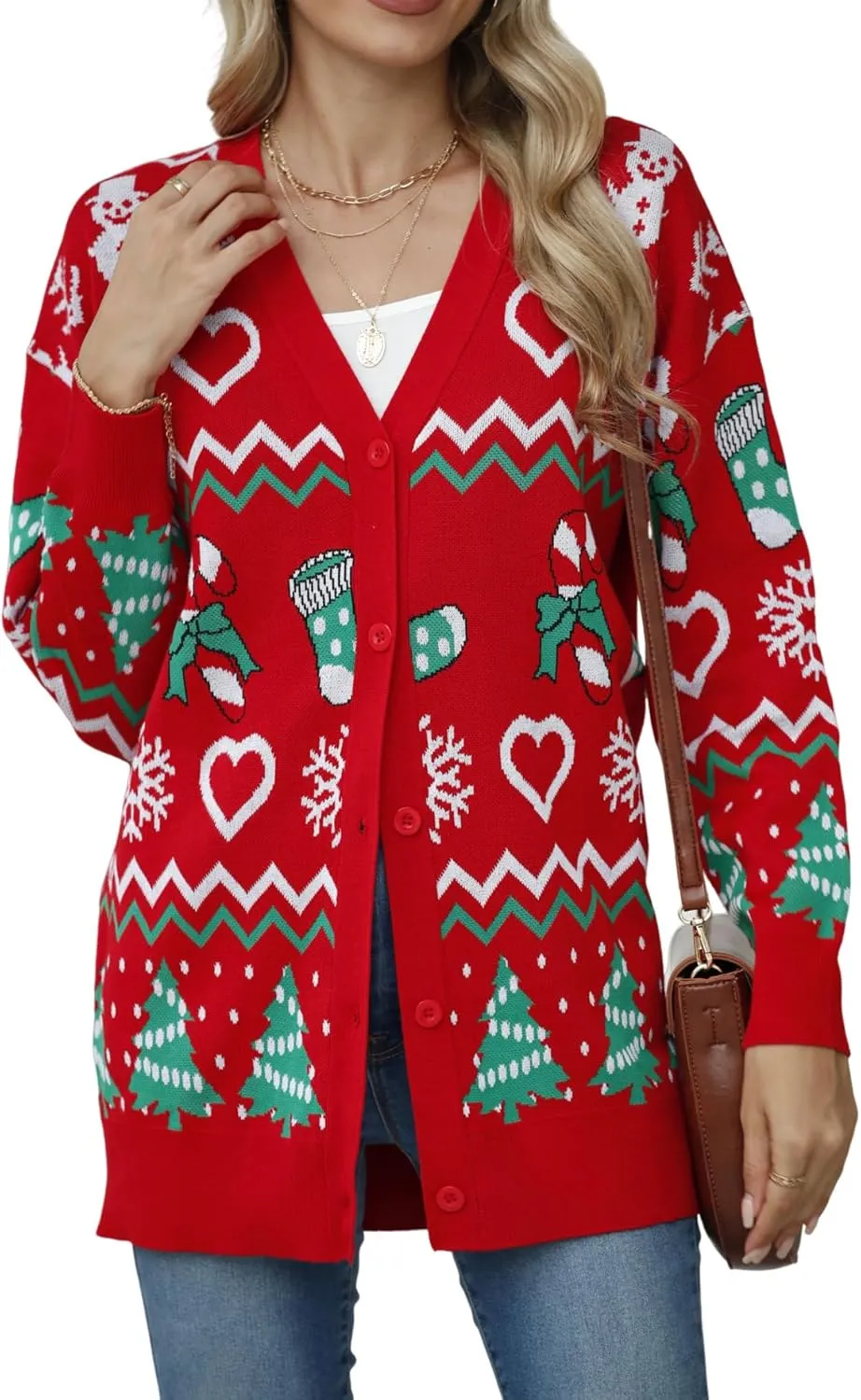 Jouica Women's Cute Cardigan Ugly Christmas Sweaters for Women 2024 Long Sleeve Funny Christmas Sweater