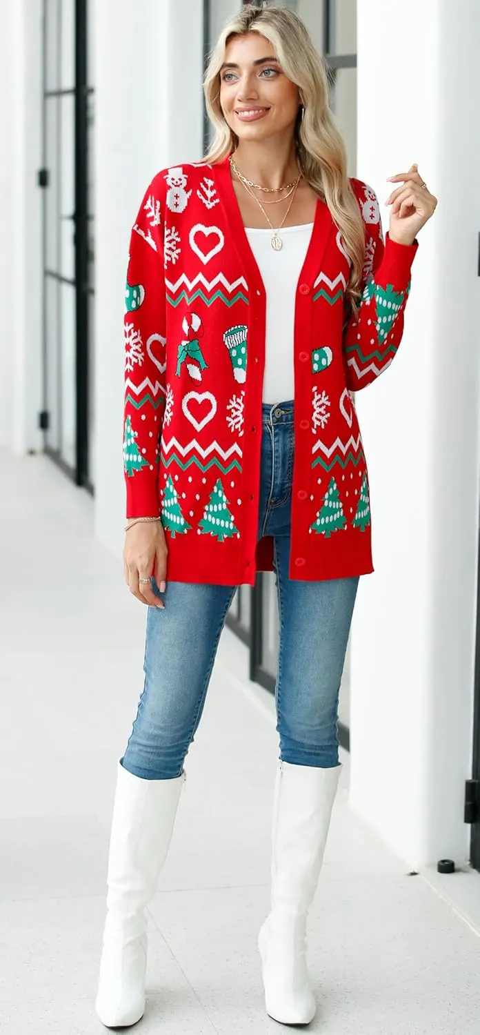 Jouica Women's Cute Cardigan Ugly Christmas Sweaters for Women 2024 Long Sleeve Funny Christmas Sweater