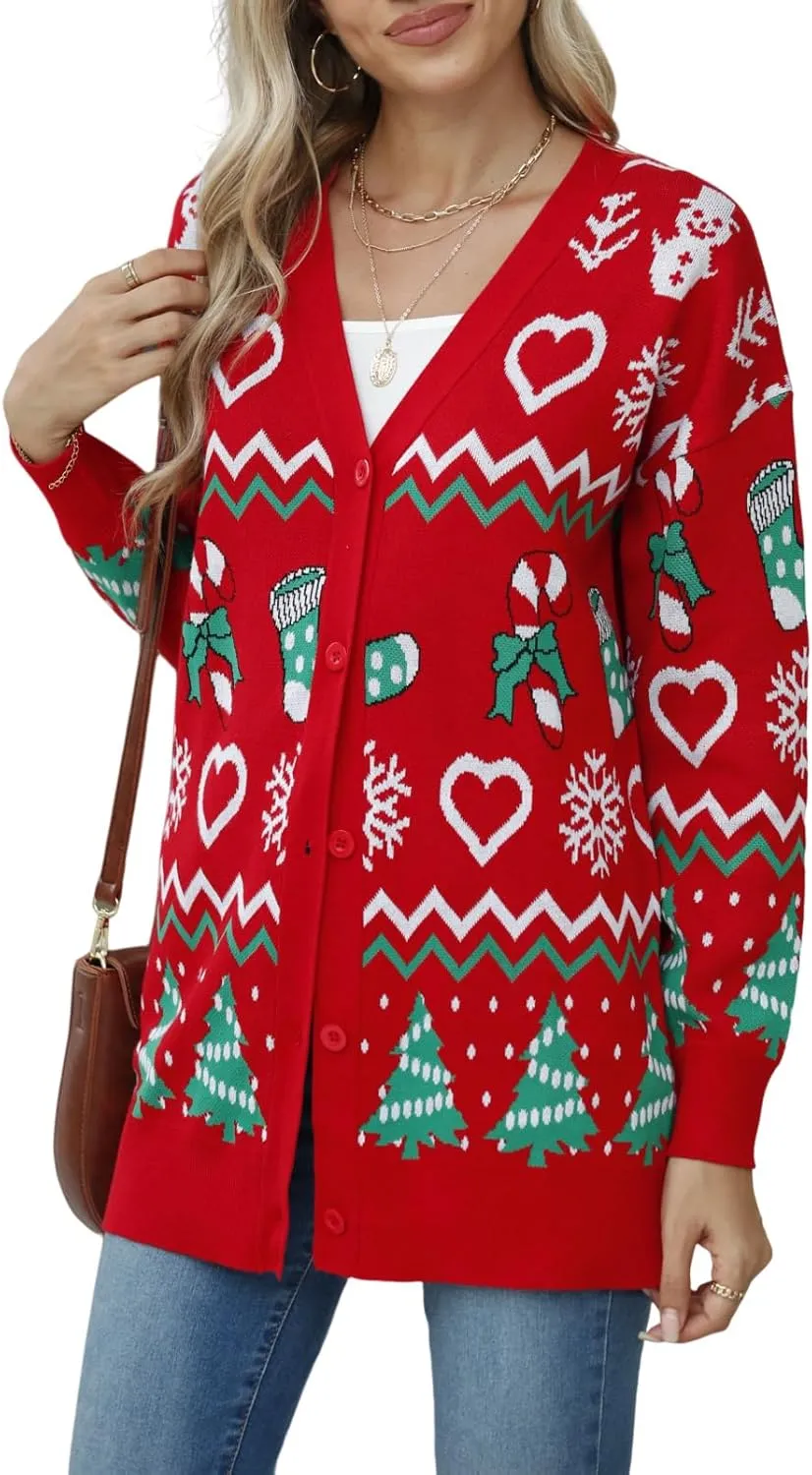 Jouica Women's Cute Cardigan Ugly Christmas Sweaters for Women 2024 Long Sleeve Funny Christmas Sweater