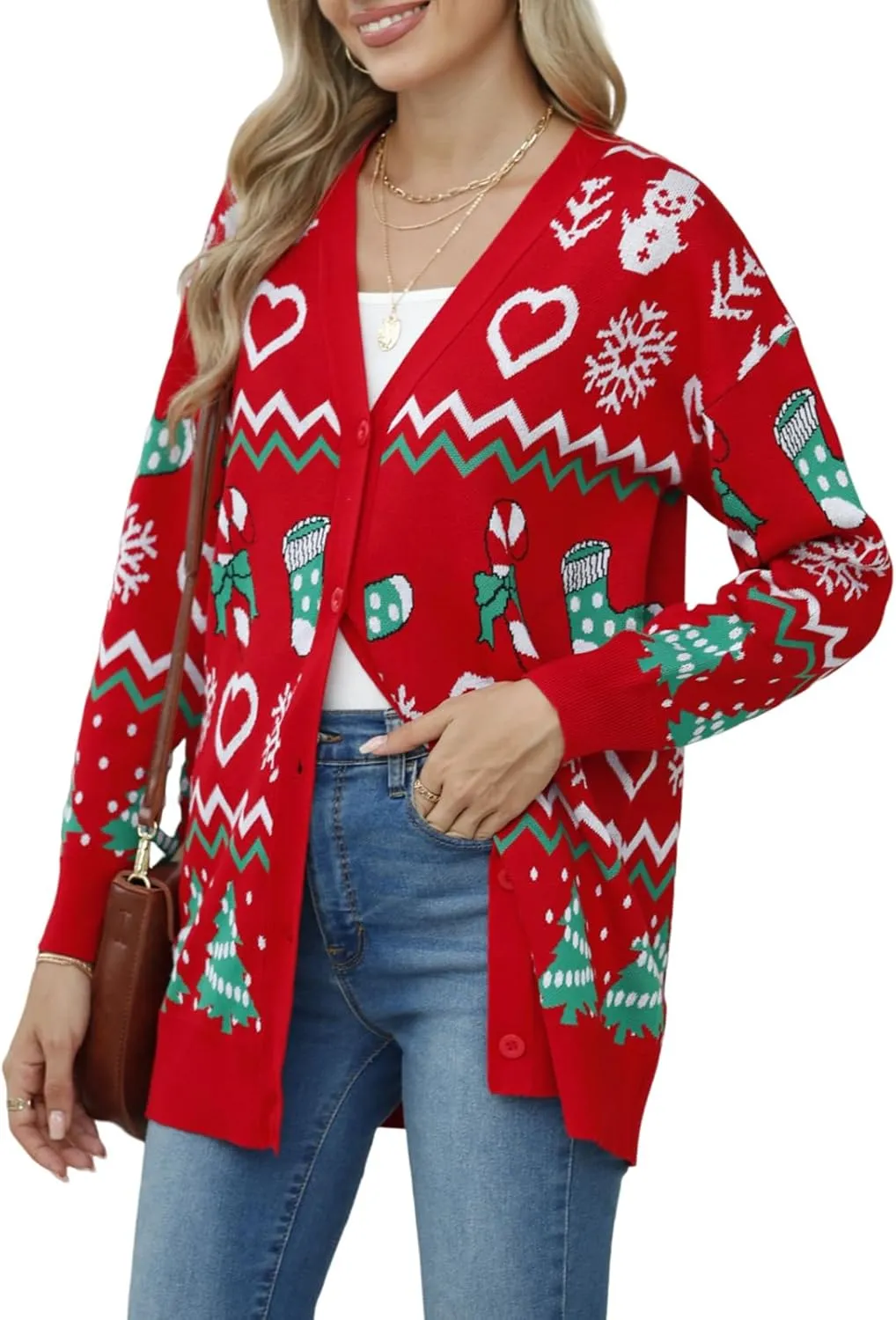 Jouica Women's Cute Cardigan Ugly Christmas Sweaters for Women 2024 Long Sleeve Funny Christmas Sweater