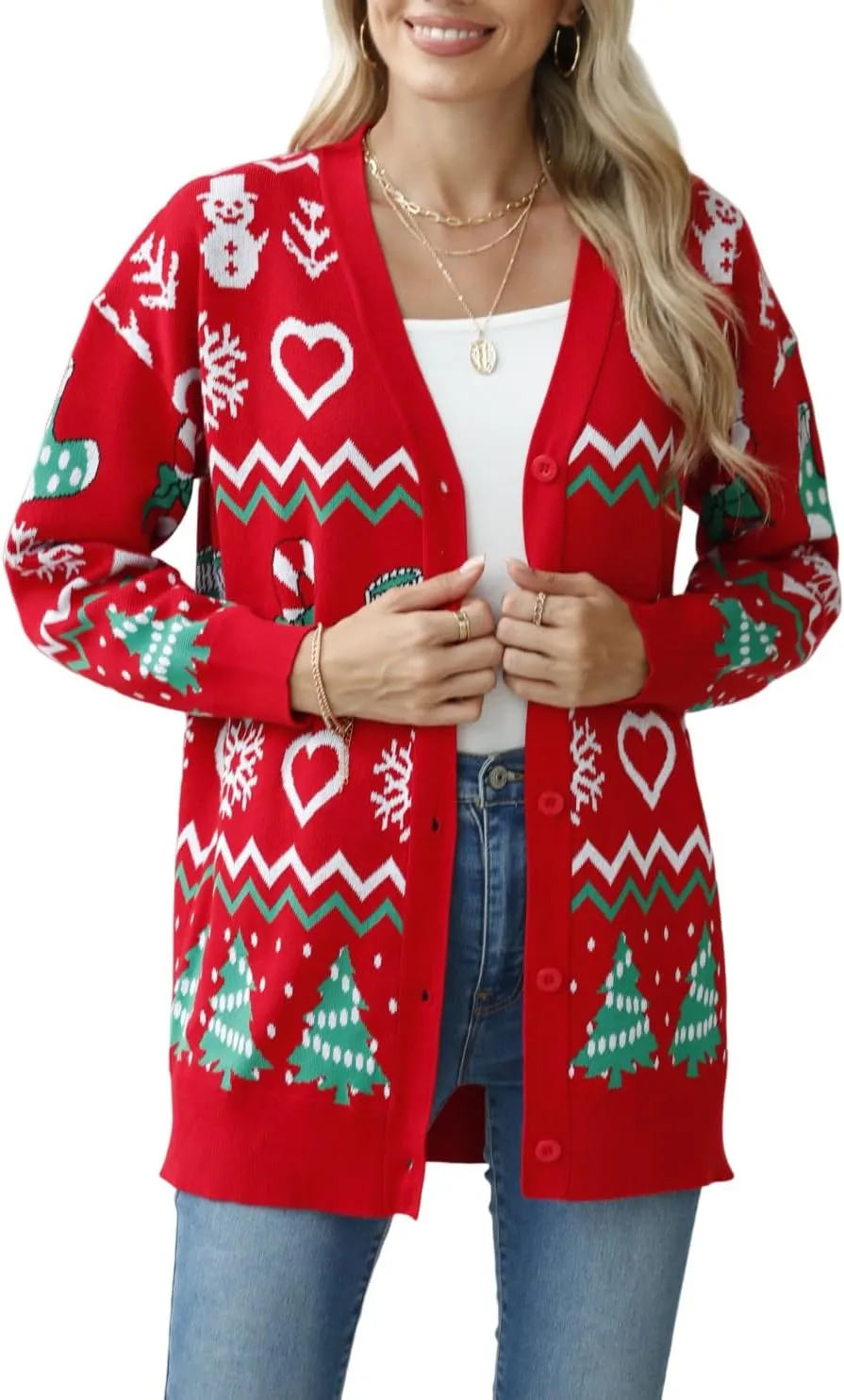 Jouica Women's Cute Cardigan Ugly Christmas Sweaters for Women 2024 Long Sleeve Funny Christmas Sweater
