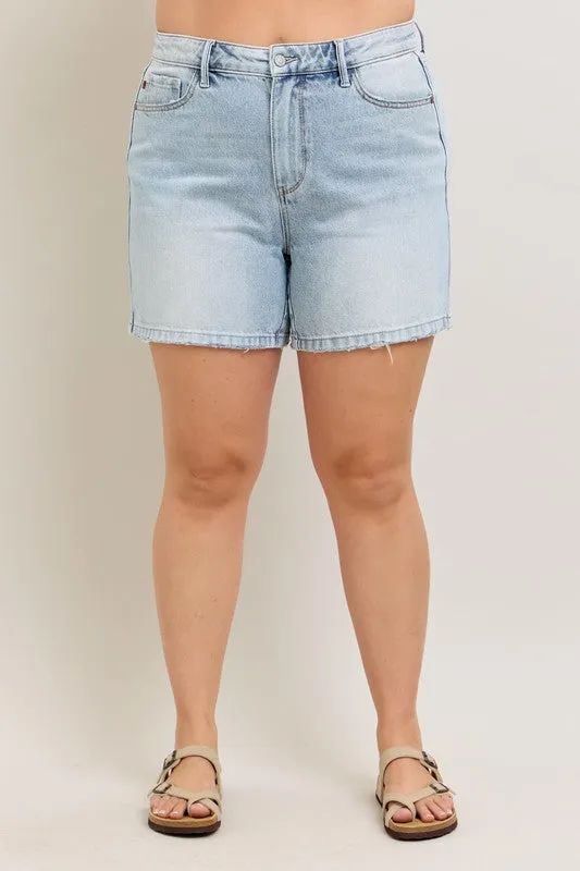 Judy Blue Full Size Frayed Hem High Rise Denim Shorts with Pockets ONLINE EXCLUSIVE