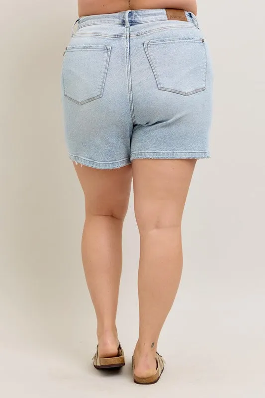 Judy Blue Full Size Frayed Hem High Rise Denim Shorts with Pockets ONLINE EXCLUSIVE
