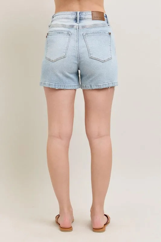 Judy Blue Full Size Frayed Hem High Rise Denim Shorts with Pockets ONLINE EXCLUSIVE
